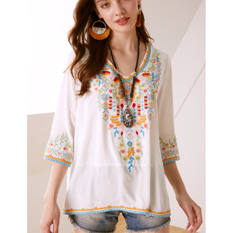 KHALEE YOSE Boho Floral Embroidery Mexican Blouse Shirts Vintage Chic Autumn Blouse Women s3xl Ethnic Hippie Shirt Blouse Tops