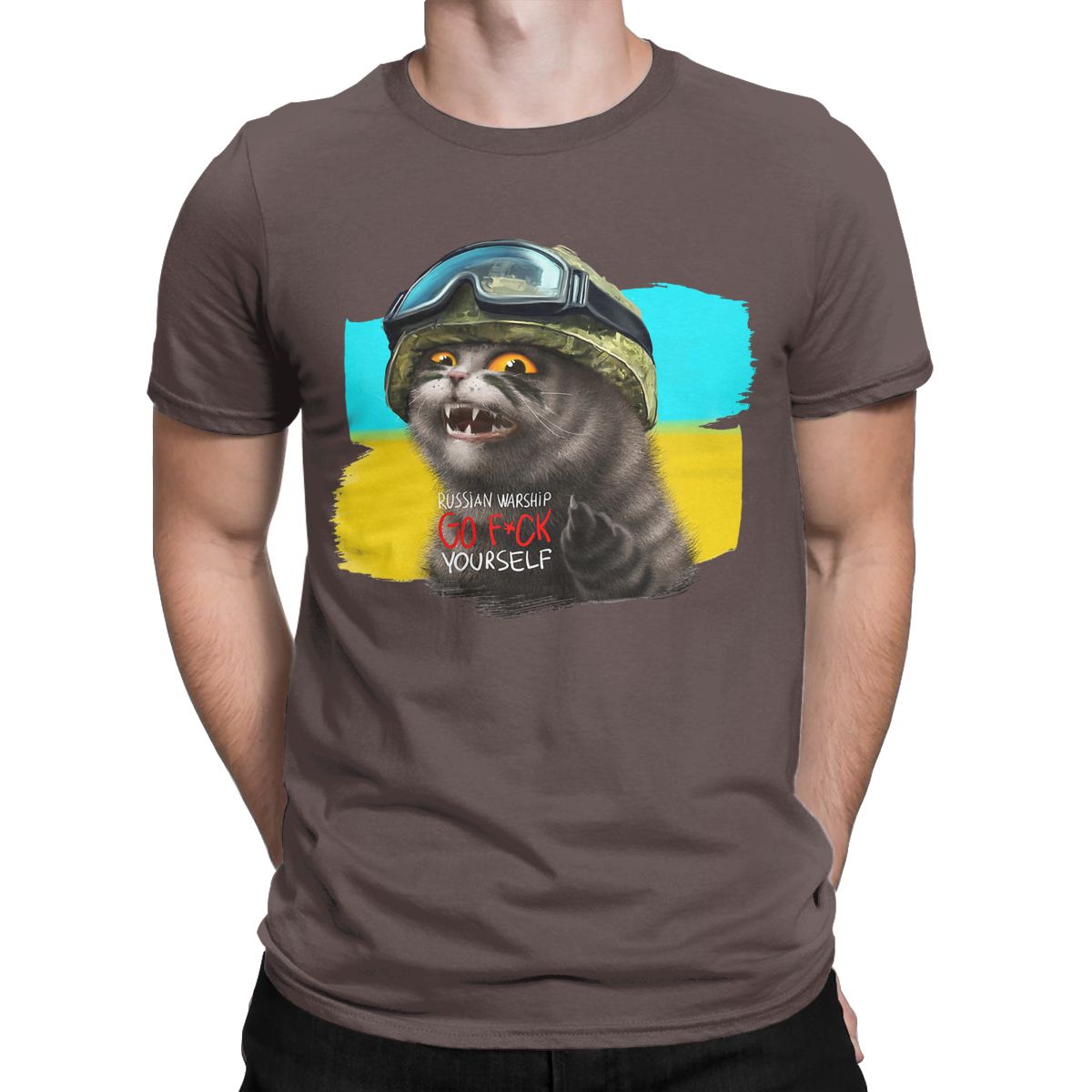 Ukrainian Cat Warrior With Mid-dle Finger Ukraine Crew Neck Pure Cotton T Shirt for men Short Sleeve Tees Printed Clothes