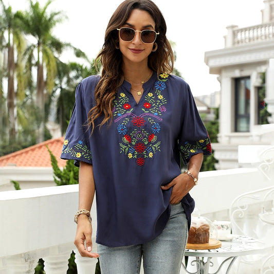 KHALEE YOSE Floral Embroidery Blouses Shirt Navy Cotton Summer Chic Navy Boho Mexican Shirts 2xl 3xl Women Ethnic Hippie Tops