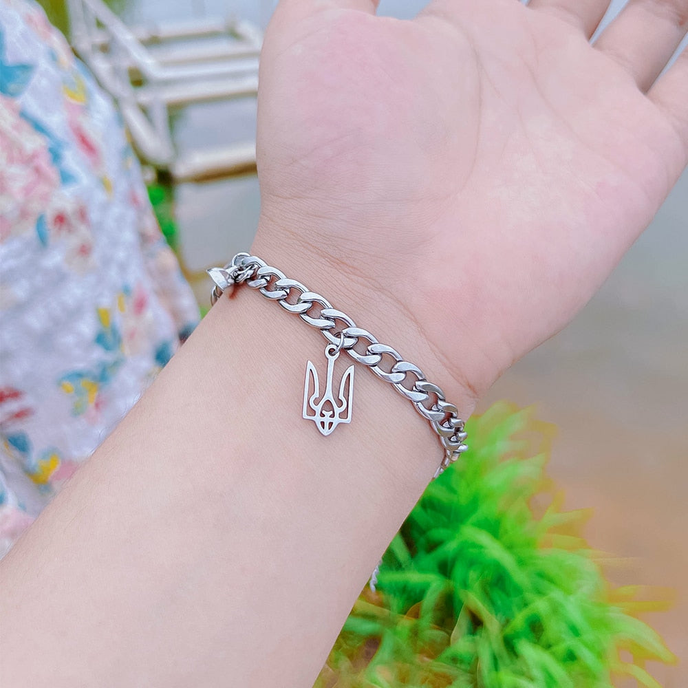 2pcs/set Ukraine National Emblem Trident Symbol charm bracelet for couples Stainless steel round magnet jewelry men and women