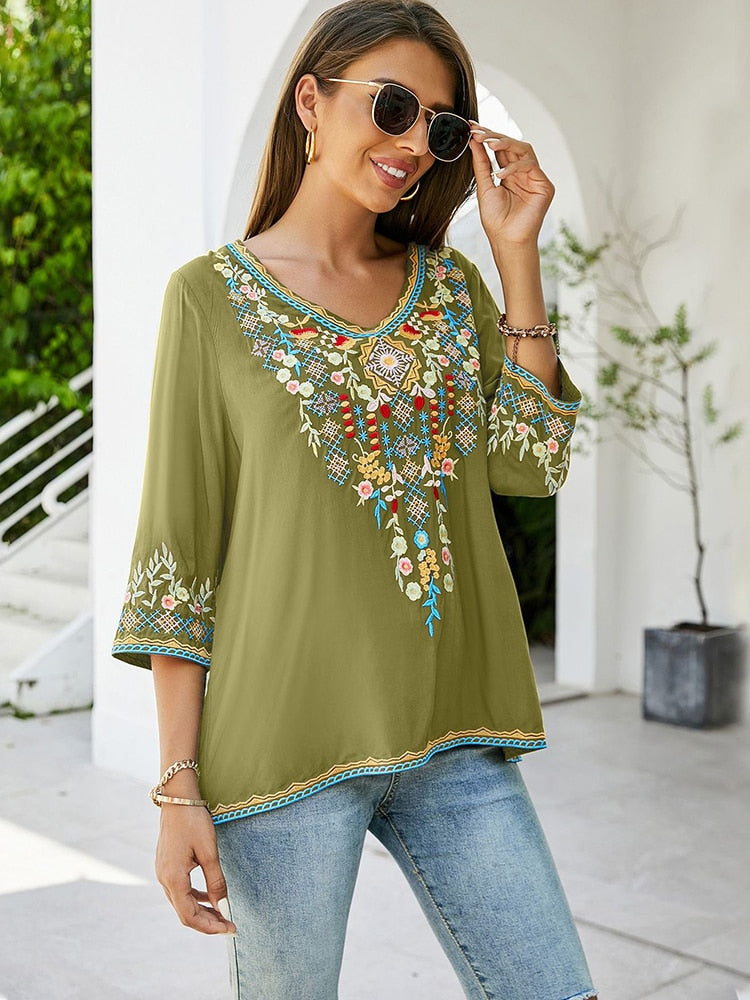 KHALEE YOSE Boho Floral Embroidery Mexican Blouse Shirts Vintage Chic Autumn Blouse Women s3xl Ethnic Hippie Shirt Blouse Tops