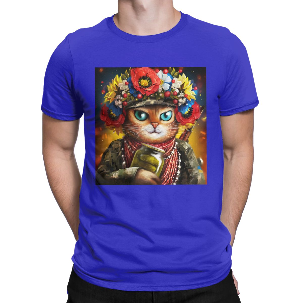 Ukrainian Cat Soldier In A Wreath Of Flowers t shirt for men Ukraine Vintage Short Sleeve Round Neck 100% Cotton Graphic Tops