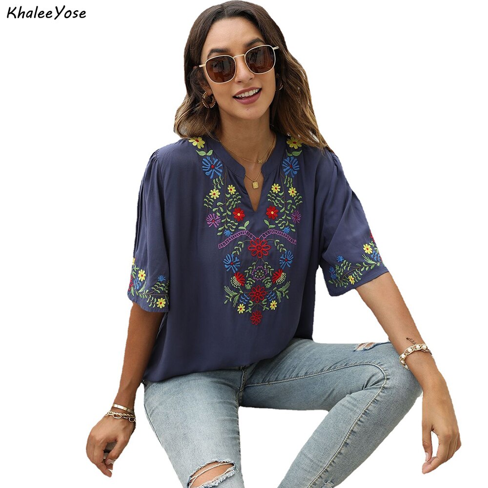 KHALEE YOSE Floral Embroidery Blouses Shirt Navy Cotton Summer Chic Navy Boho Mexican Shirts 2xl 3xl Women Ethnic Hippie Tops