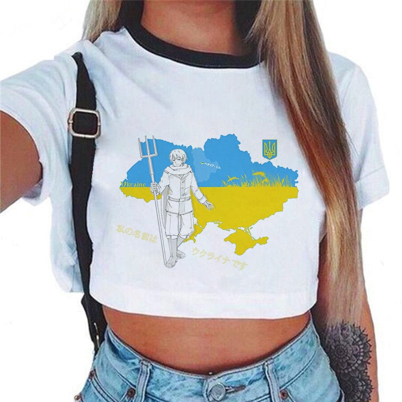 Ukraine Y2k Print T-shirt Kpop Women Clothes Harajuku Aesthetics Whitte Top Tshirt 2022 New Summer Korean Fashion Female T Shirt