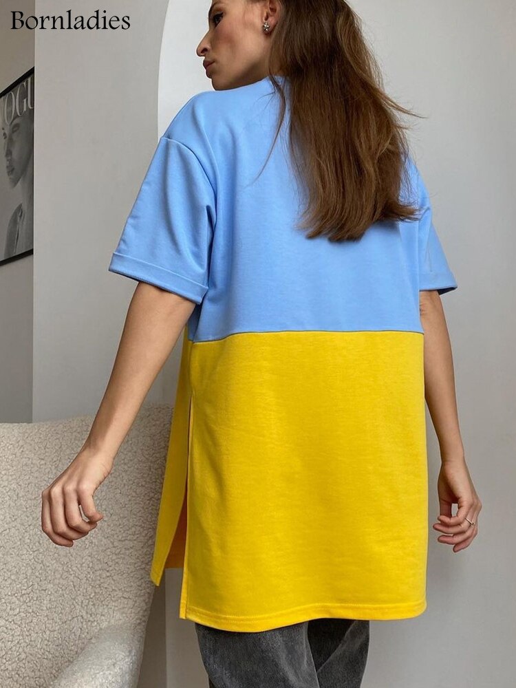 Bornladies Casual Patchwork Tee Summer Stretchy O-neck Oversized T-Shirt Slit Half Sleeve All-Match Comfort Long Women Tops