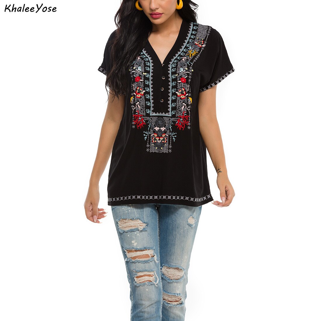 KHALEE YOSE Boho Floral Embroidery Blouses Summer Mexican Spring Long Sleeve Shirt Button Front Women 3xl Ethnic Shirt Tops