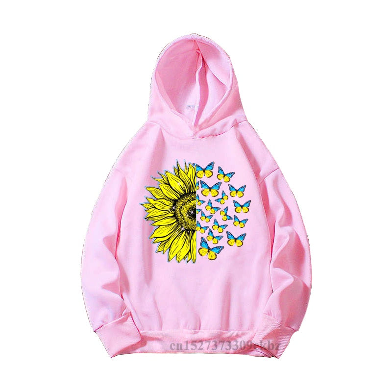 Girls New Fashion Ukrainian Trident Flag Sunflower Butterfly Print Pink Hoodies Kids Casual Yellow Blue Love Sweatshir Tops