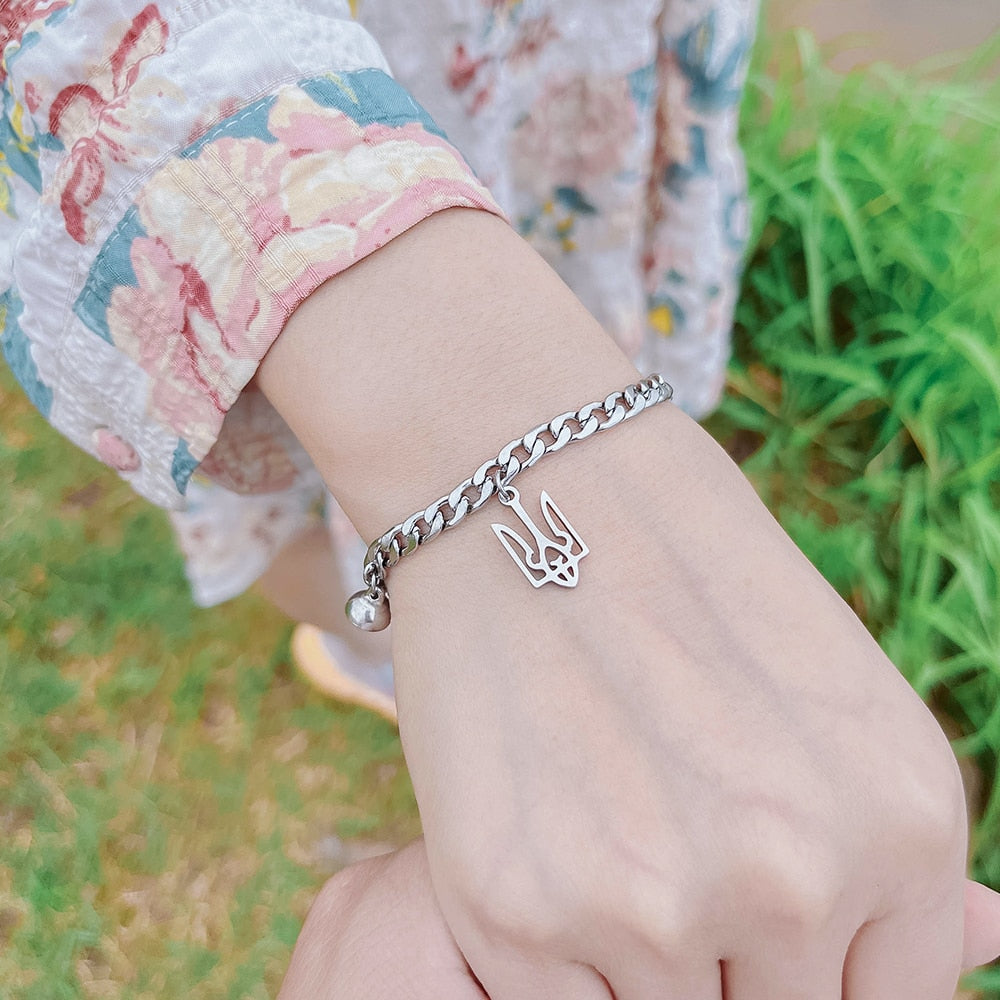 2pcs/set Ukraine National Emblem Trident Symbol charm bracelet for couples Stainless steel round magnet jewelry men and women
