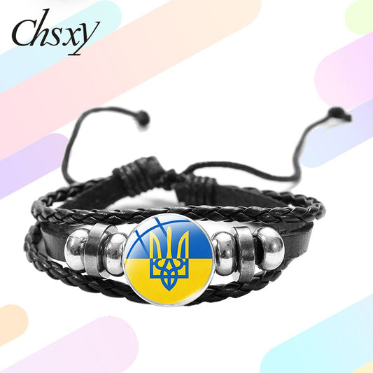 CHSXY Tryzub Ukraine Leather Bracelet Alloy Glass Dome Snap Button Charm Woven Wrap Bracelet Bangle Men Women Ukrainian Jewelry