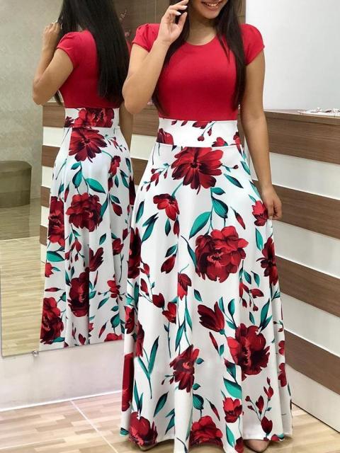 Vintage Floral Print O-Neck Long Dress Women Summer 2021 New Short Sleeve Casual Slim Robe Casual Elegant Lady Maxi Vestidos