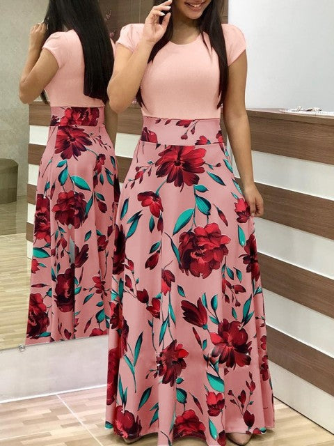 Vintage Floral Print O-Neck Long Dress Women Summer 2021 New Short Sleeve Casual Slim Robe Casual Elegant Lady Maxi Vestidos