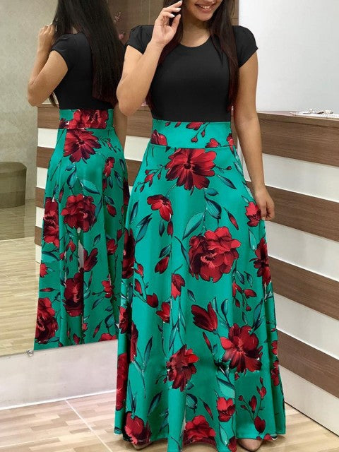 Vintage Floral Print O-Neck Long Dress Women Summer 2021 New Short Sleeve Casual Slim Robe Casual Elegant Lady Maxi Vestidos