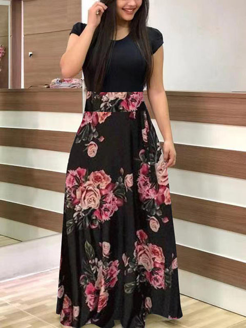 Vintage Floral Print O-Neck Long Dress Women Summer 2021 New Short Sleeve Casual Slim Robe Casual Elegant Lady Maxi Vestidos