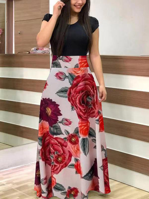 Vintage Floral Print O-Neck Long Dress Women Summer 2021 New Short Sleeve Casual Slim Robe Casual Elegant Lady Maxi Vestidos
