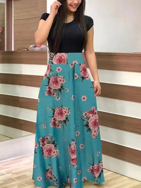 Vintage Floral Print O-Neck Long Dress Women Summer 2021 New Short Sleeve Casual Slim Robe Casual Elegant Lady Maxi Vestidos