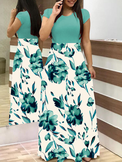 Vintage Floral Print O-Neck Long Dress Women Summer 2021 New Short Sleeve Casual Slim Robe Casual Elegant Lady Maxi Vestidos