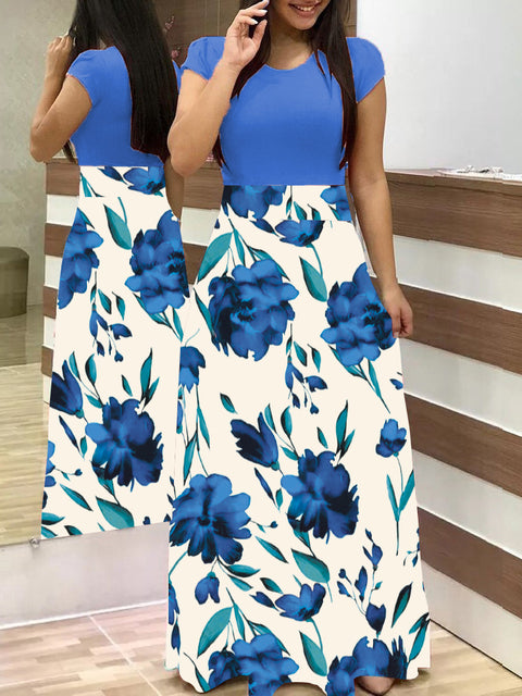 Vintage Floral Print O-Neck Long Dress Women Summer 2021 New Short Sleeve Casual Slim Robe Casual Elegant Lady Maxi Vestidos