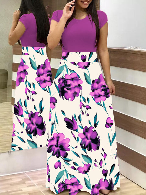 Vintage Floral Print O-Neck Long Dress Women Summer 2021 New Short Sleeve Casual Slim Robe Casual Elegant Lady Maxi Vestidos