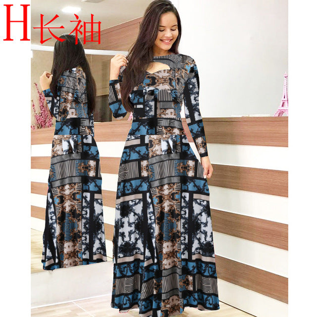 Women Short Sleeve Hollow Out O-neck Long Dress Summer Elegant Floral Printed High Waist Elastic Elegant Boho Robe Maxi Vestidos