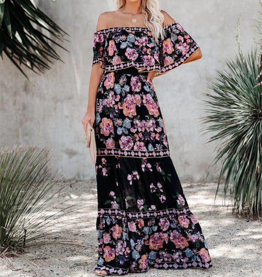 Summer Print Vintage Long Dresses For Women Sexy Off-Shoulder Ruffle Fashion Boho Party Maxi Dress 2021 Ladies Beach Sundress