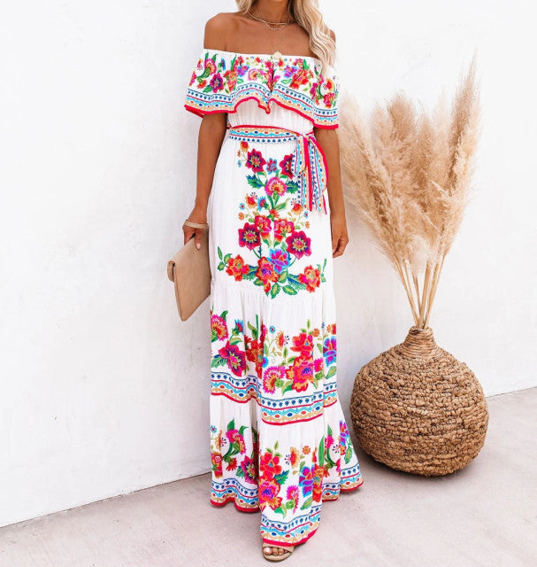 Summer Print Vintage Long Dresses For Women Sexy Off-Shoulder Ruffle Fashion Boho Party Maxi Dress 2021 Ladies Beach Sundress