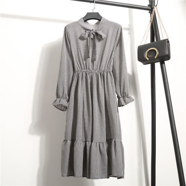 2022 Floral Print Women Dress Female Autumn Long Sleeve Vintage Chiffon Bow Tie Neck Office Lady Shirt Dress Summer Vestidos
