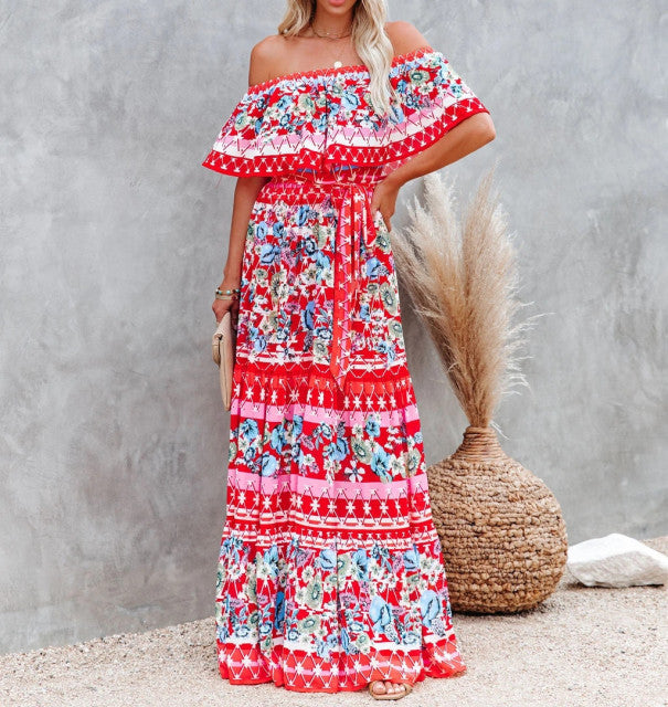 Summer Print Vintage Long Dresses For Women Sexy Off-Shoulder Ruffle Fashion Boho Party Maxi Dress 2021 Ladies Beach Sundress