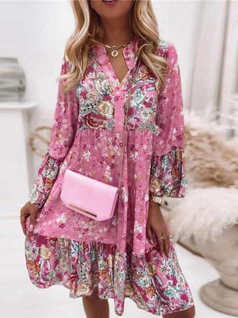 Elegant Retro Floral Print Flare Sleeve Mini Dress Spring Ruffle Loose Women Party Dress Casual V Neck Beach Pullover Dress 2022