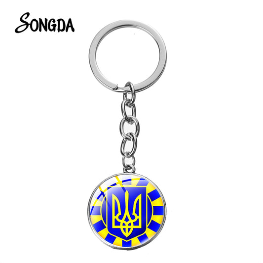 Ukraine Flag Trident Pendant Keychain Ukrainian Souvenir High Quality Transparent Glass Cabochon Key Chain Car Bag Accessories