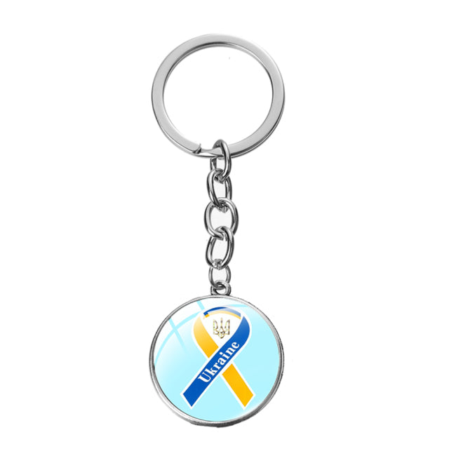 Ukraine Flag Trident Pendant Keychain Ukrainian Souvenir High Quality Transparent Glass Cabochon Key Chain Car Bag Accessories