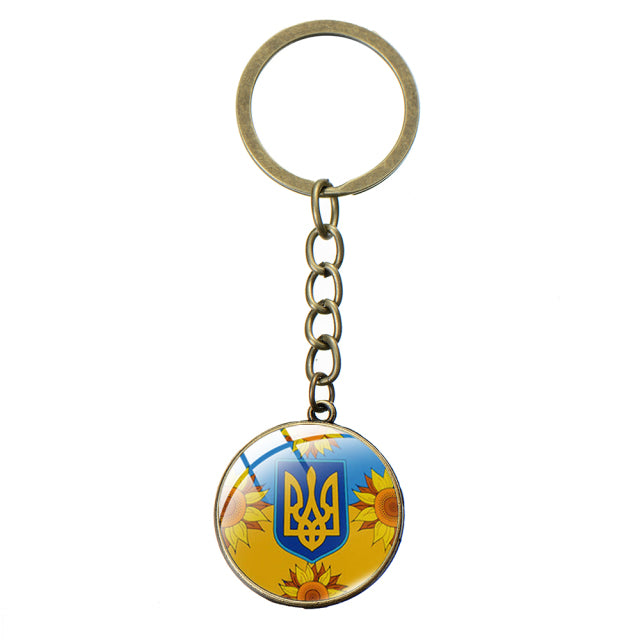 Ukraine Flag Trident Pendant Keychain Ukrainian Souvenir High Quality Transparent Glass Cabochon Key Chain Car Bag Accessories