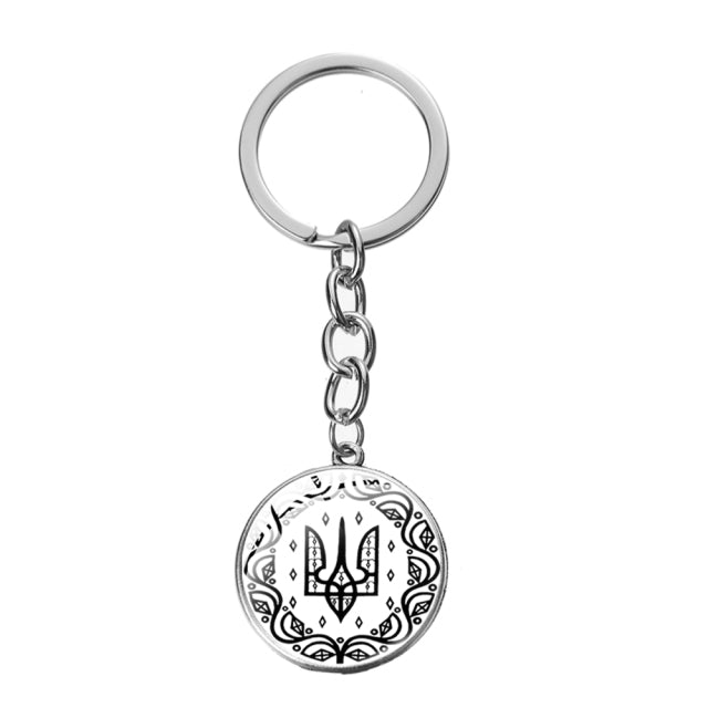Ukraine Flag Trident Pendant Keychain Ukrainian Souvenir High Quality Transparent Glass Cabochon Key Chain Car Bag Accessories
