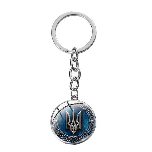 Ukraine Flag Trident Pendant Keychain Ukrainian Souvenir High Quality Transparent Glass Cabochon Key Chain Car Bag Accessories