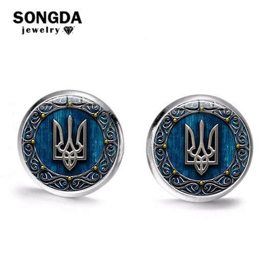 Vintage Ancient Tryzub Ukraine Earrings Ukrainian Symbol Handmade Glass Gem Stud Earrings for Women Men Jewelry Wholesale