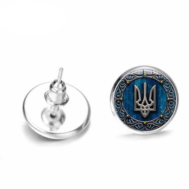 Vintage Ancient Tryzub Ukraine Earrings Ukrainian Symbol Handmade Glass Gem Stud Earrings for Women Men Jewelry Wholesale