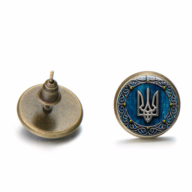 Vintage Ancient Tryzub Ukraine Earrings Ukrainian Symbol Handmade Glass Gem Stud Earrings for Women Men Jewelry Wholesale