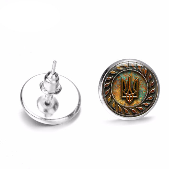 Vintage Ancient Tryzub Ukraine Earrings Ukrainian Symbol Handmade Glass Gem Stud Earrings for Women Men Jewelry Wholesale
