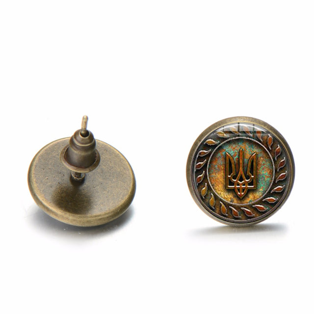 Vintage Ancient Tryzub Ukraine Earrings Ukrainian Symbol Handmade Glass Gem Stud Earrings for Women Men Jewelry Wholesale