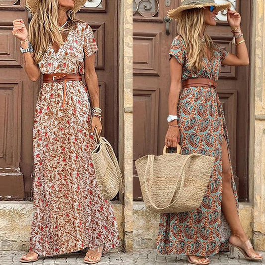 Boho Long Dress for Women Fashion V Neck Short Sleeve Paisley Print Dresses Summer Belt Large Hem Beach Dress Elegant Maxi Dress