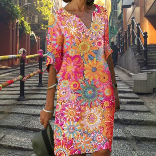 Elegant Women Dress Summer Vintage Print V-Neck Half Sleeve A-Line Dress Sundress 2022 Fashion Female Loose Dresses Vestidos