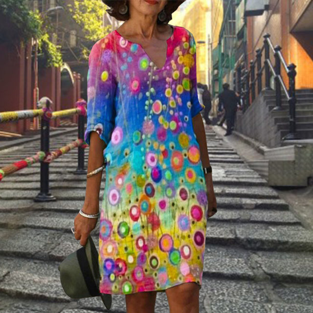 Elegant Women Dress Summer Vintage Print V-Neck Half Sleeve A-Line Dress Sundress 2022 Fashion Female Loose Dresses Vestidos