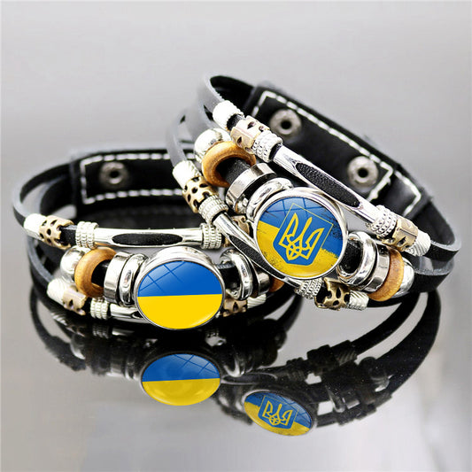 Ukraine Beaded Bracelet for Men Jewelry Ukraine Flag Trident Symbol Snap Button Bracelets Bangle Multilayer PU Leather Bracelet