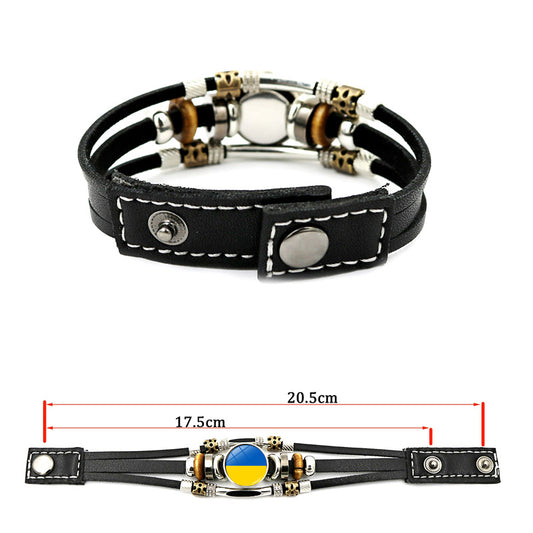 Ukraine Beaded Bracelet for Men Jewelry Ukraine Flag Trident Symbol Snap Button Bracelets Bangle Multilayer PU Leather Bracelet
