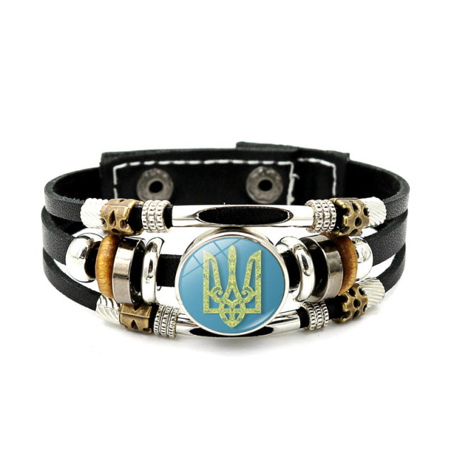 Ukraine Beaded Bracelet for Men Jewelry Ukraine Flag Trident Symbol Snap Button Bracelets Bangle Multilayer PU Leather Bracelet