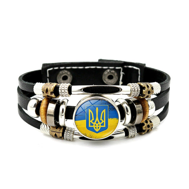 Ukraine Beaded Bracelet for Men Jewelry Ukraine Flag Trident Symbol Snap Button Bracelets Bangle Multilayer PU Leather Bracelet