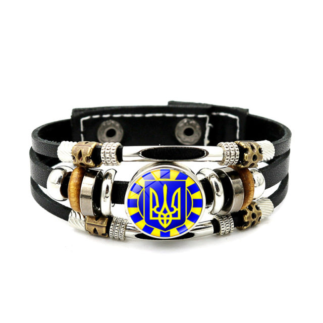 Ukraine Beaded Bracelet for Men Jewelry Ukraine Flag Trident Symbol Snap Button Bracelets Bangle Multilayer PU Leather Bracelet