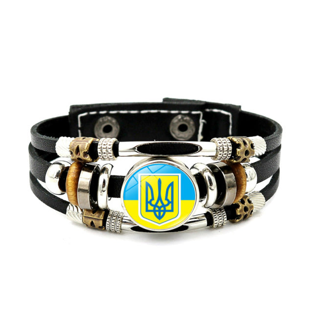 Ukraine Beaded Bracelet for Men Jewelry Ukraine Flag Trident Symbol Snap Button Bracelets Bangle Multilayer PU Leather Bracelet