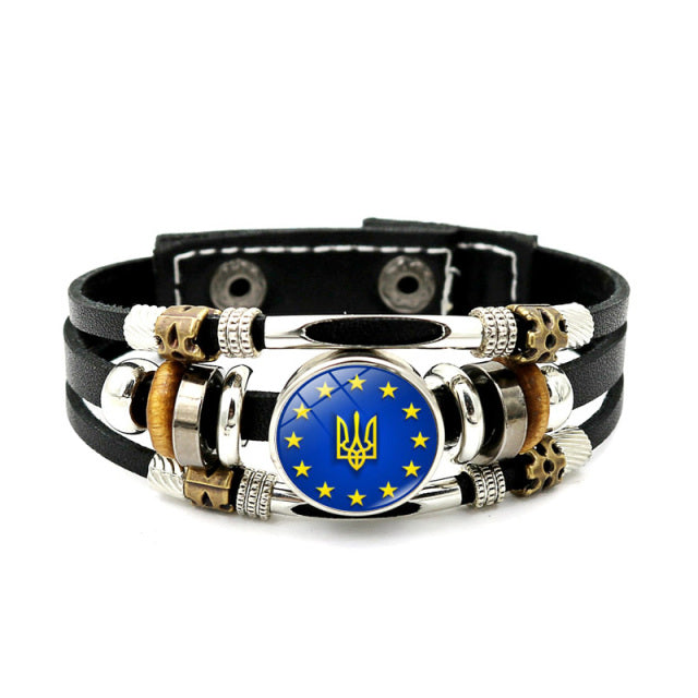 Ukraine Beaded Bracelet for Men Jewelry Ukraine Flag Trident Symbol Snap Button Bracelets Bangle Multilayer PU Leather Bracelet