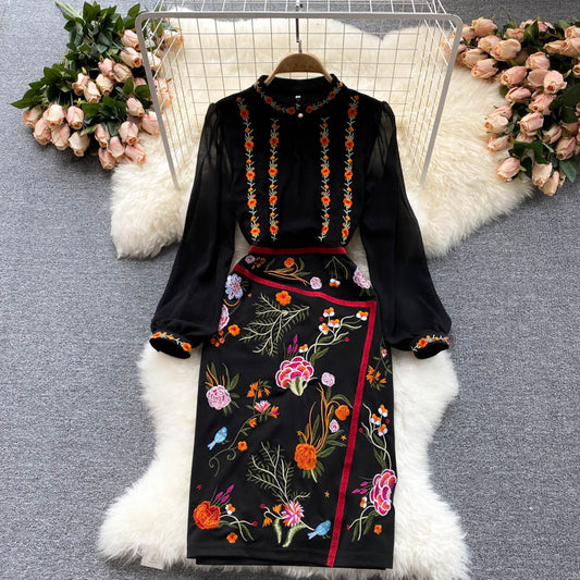 2022 New Autumn Fashion Vestidos Women's Temperament Small Stand-up Collar Retro Embroidered Midi Dress DK1062