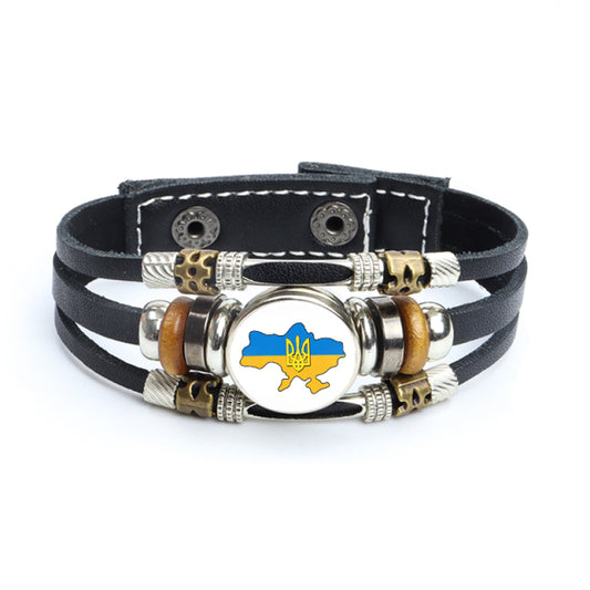 Multilayer Ukrainian Flag Symbol Leather Bracelets Trident Tryzub Ukraine Braided Bracelets Bangles Glass Cabochon Jewelry Gifts
